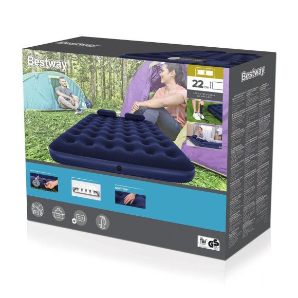 Dmuchany Materac do spania Queen 2-osobowy flokowany BESTWAY 203x152x22cm + Pompka + 2 Poduszki Dmuchany Materac do spania Queen 2-osobowy flokowany BESTWAY 203x152x22cm + Pompka + 2 Poduszki