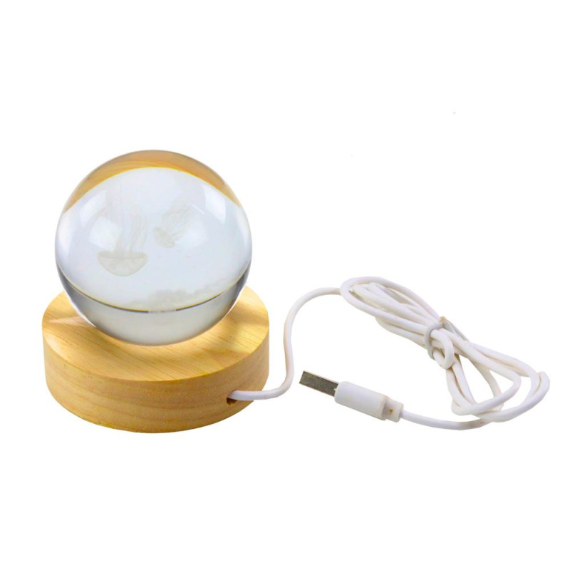 Świecąca Kryształowa Kula 3D Meduza Lampka Drewniana Podstawka