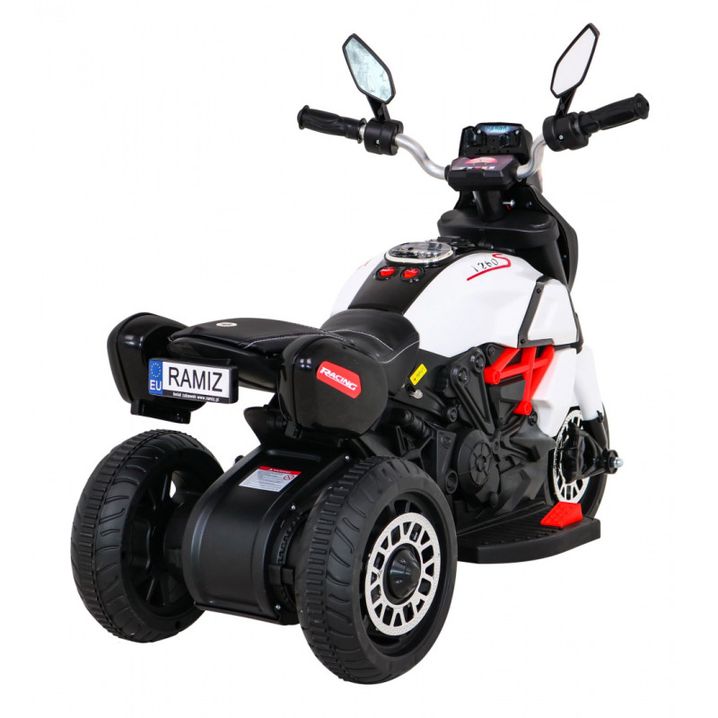 Motorek Fast Tourist na akumulator dla dzieci Biały + Audio + Światła + Ekoskóra