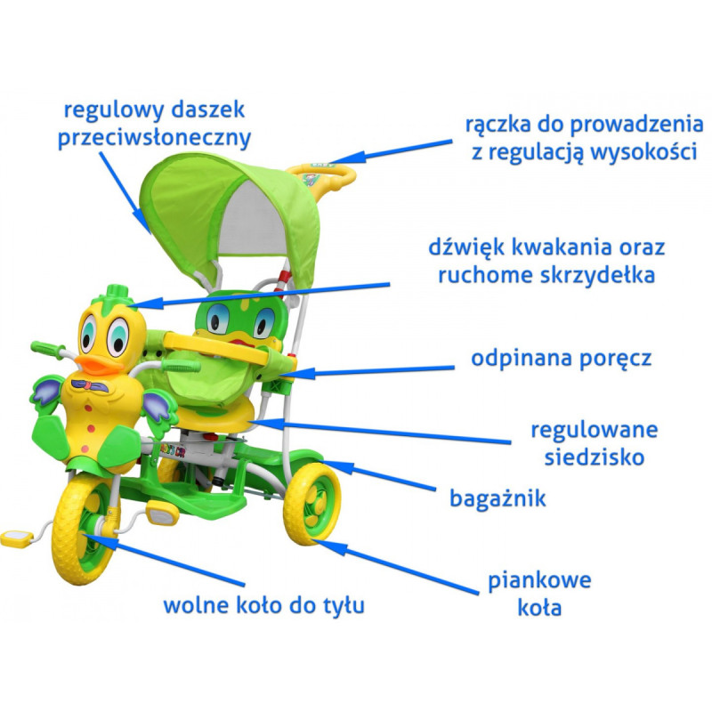 3-kołowy Rowerek dla dzieci Kaczka Zielony + Dźwięki + Daszek + Barierka + Podnóżek + Rączka + Schowek