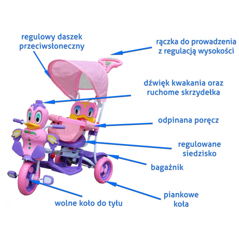 3-kołowy Rowerek dla dzieci Kaczka Fioletowy + Dźwięki + Daszek + Barierka + Podnóżek + Rączka + Schowek