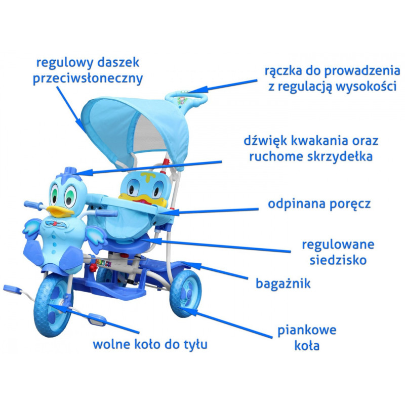3-kołowy Rowerek dla dzieci Kaczka Niebieski + Dźwięki + Daszek + Barierka + Podnóżek + Rączka + Schowek
