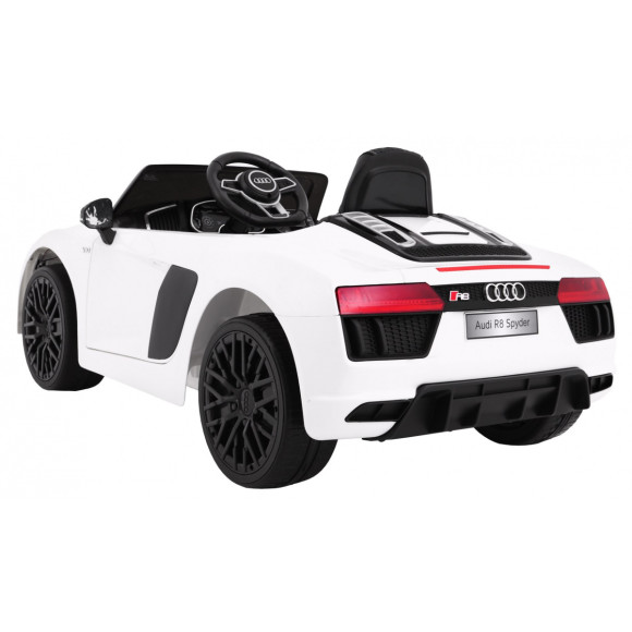 Audi R8 Spyder na akumulator Biały + Pilot + EVA + Wolny Start + Radio MP3 + LED Audi R8 Spyder na akumulator Biały + Pilot + EVA + Wolny Start + Radio MP3 + LED