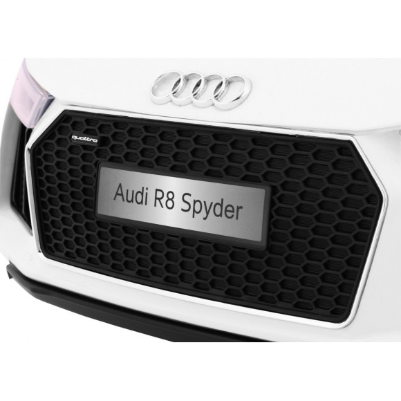 Audi R8 Spyder na akumulator Biały + Pilot + EVA + Wolny Start + Radio MP3 + LED Audi R8 Spyder na akumulator Biały + Pilot + EVA + Wolny Start + Radio MP3 + LED