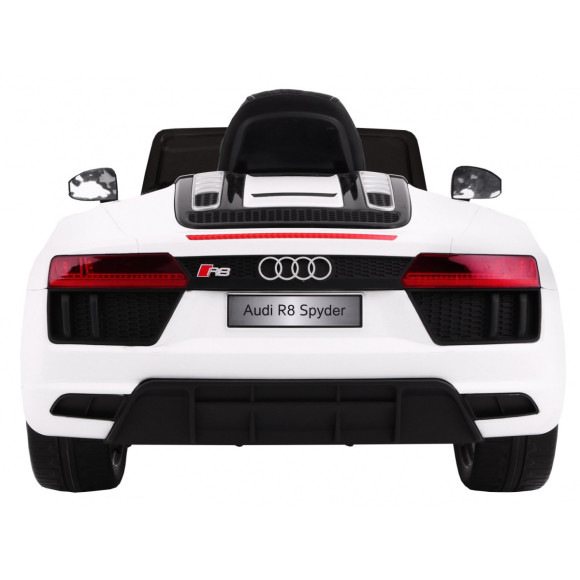 Audi R8 Spyder na akumulator Biały + Pilot + EVA + Wolny Start + Radio MP3 + LED Audi R8 Spyder na akumulator Biały + Pilot + EVA + Wolny Start + Radio MP3 + LED