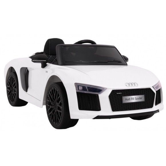 Audi R8 Spyder na akumulator Biały + Pilot + EVA + Wolny Start + Radio MP3 + LED Audi R8 Spyder na akumulator Biały + Pilot + EVA + Wolny Start + Radio MP3 + LED