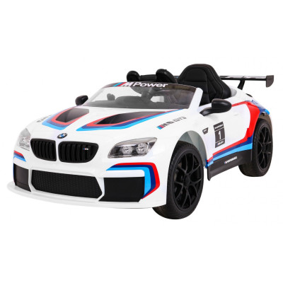 BMW M6 GT3 Auto na akumulator dla dzieci Biały + Nawiew powietrza + Dźwięki MP3 Światła + Pilot