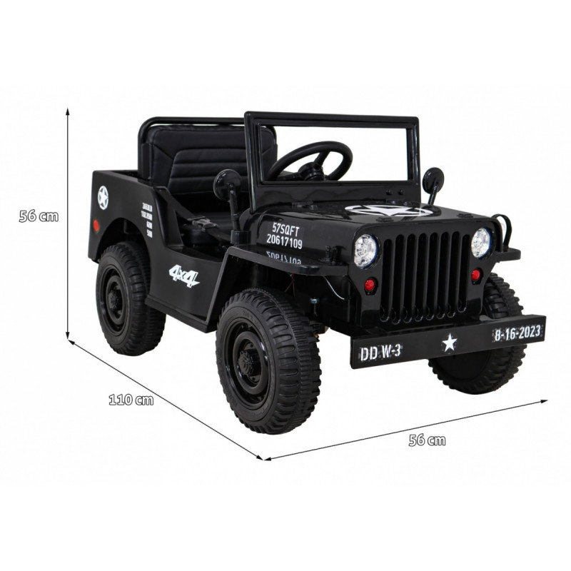 Autko Wojskowe Retro dla dzieci Czarny + Napęd 4x4 + Pilot + 2 Bagażniki + Wolny Start + MP3 LED