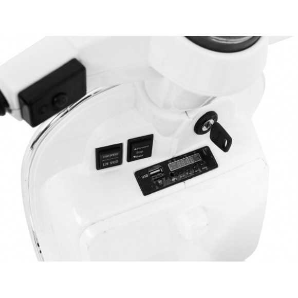 Skuter Vespa elektryczny dla dzieci Biały + Kółka pomocnicze + Audio + Ekoskóra + EVA + Wolny Start Skuter Vespa elektryczny dla dzieci Biały + Kółka pomocnicze + Audio + Ekoskóra + EVA + Wolny Start
