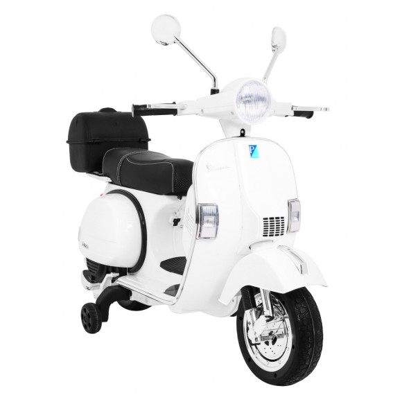 Skuter Vespa elektryczny dla dzieci Biały + Kółka pomocnicze + Audio + Ekoskóra + EVA + Wolny Start Skuter Vespa elektryczny dla dzieci Biały + Kółka pomocnicze + Audio + Ekoskóra + EVA + Wolny Start