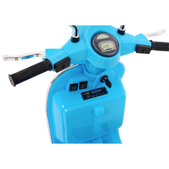 Skuter Vespa elektryczny dla dzieci Niebieski + Kółka pomocnicze + Audio + Ekoskóra + EVA + Wolny Start Skuter Vespa elektryczny dla dzieci Niebieski + Kółka pomocnicze + Audio + Ekoskóra + EVA + Wolny Start