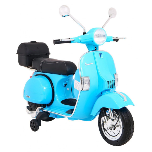Skuter Vespa elektryczny dla dzieci Niebieski + Kółka pomocnicze + Audio + Ekoskóra + EVA + Wolny Start Skuter Vespa elektryczny dla dzieci Niebieski + Kółka pomocnicze + Audio + Ekoskóra + EVA + Wolny Start