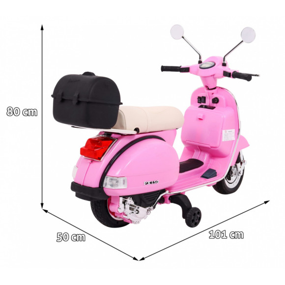 Skuter Vespa elektryczny dla dzieci Różowy + Kółka pomocnicze + Audio + Ekoskóra + EVA + Wolny Start