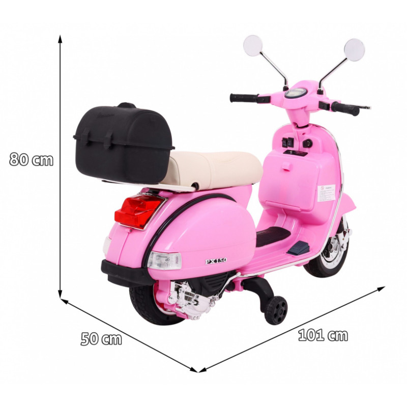 Skuter Vespa elektryczny dla dzieci Różowy + Kółka pomocnicze + Audio + Ekoskóra + EVA + Wolny Start