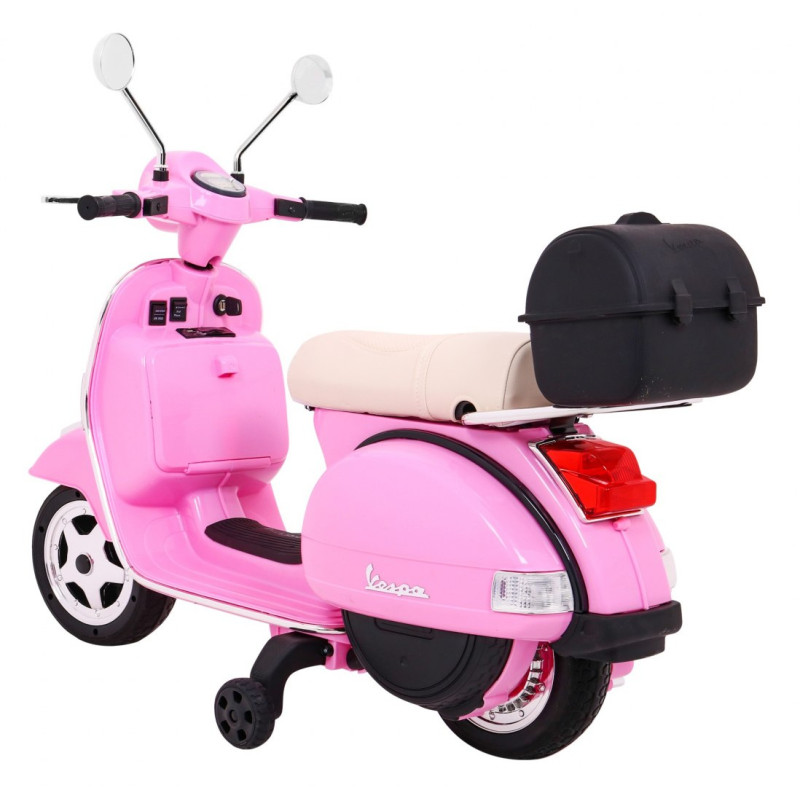 Skuter Vespa elektryczny dla dzieci Różowy + Kółka pomocnicze + Audio + Ekoskóra + EVA + Wolny Start