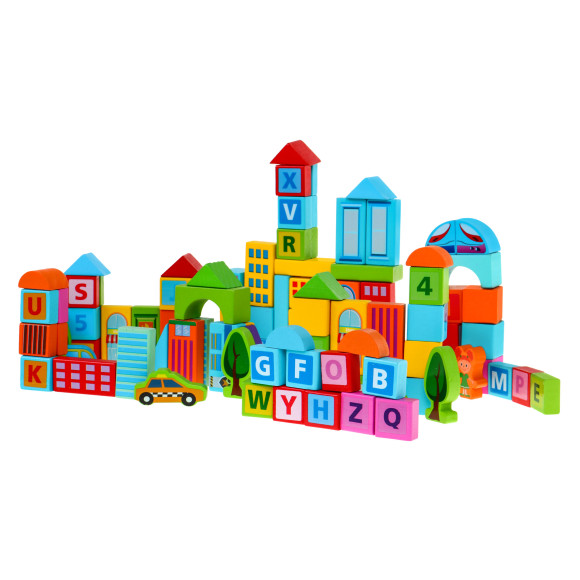 Zestaw drewnianych klocków "Miasto" dla dzieci 3+ Zabawa w budowanie 100 el. Zestaw drewnianych klocków "Miasto" dla dzieci 3+ Zabawa w budowanie 100 el.