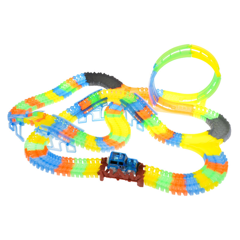 Tor Wyścigowy Fluorescencyjny 446 cm dla dzieci 3+ Pętla + Autko z LED + Akcesoria 227 el.