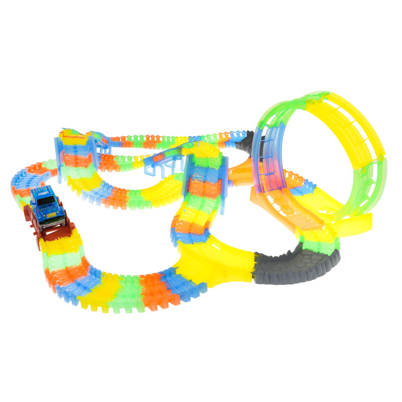 Tor Wyścigowy Fluorescencyjny 446 cm dla dzieci 3+ Pętla + Autko z LED + Akcesoria 227 el.