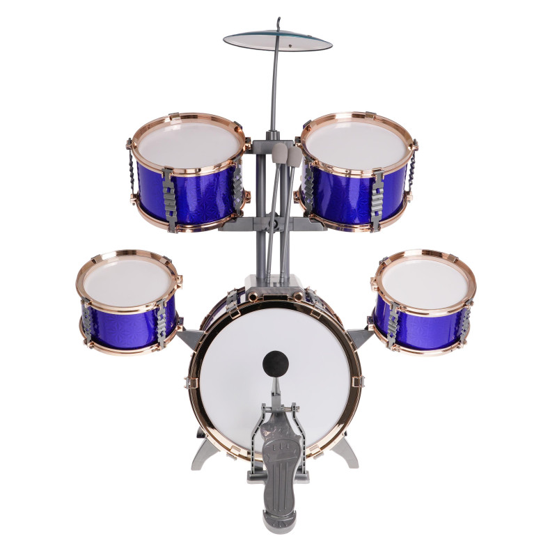 Duża Perkusja 5-bębnowa dla dzieci 3+ Niebieski + Metalowy talerz + 2 Pałki + Krzesełko