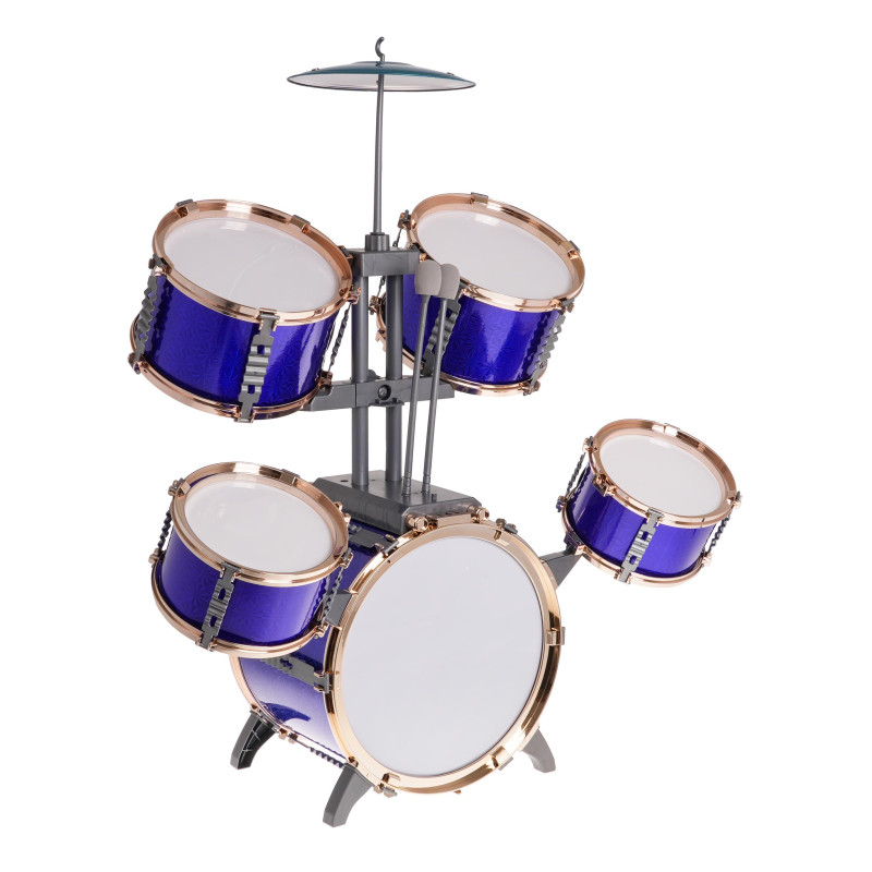 Duża Perkusja 5-bębnowa dla dzieci 3+ Niebieski + Metalowy talerz + 2 Pałki + Krzesełko