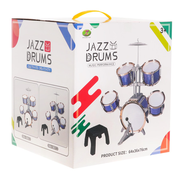 Duża Perkusja 5-bębnowa dla dzieci 3+ Niebieski + Metalowy talerz + 2 Pałki + Krzesełko