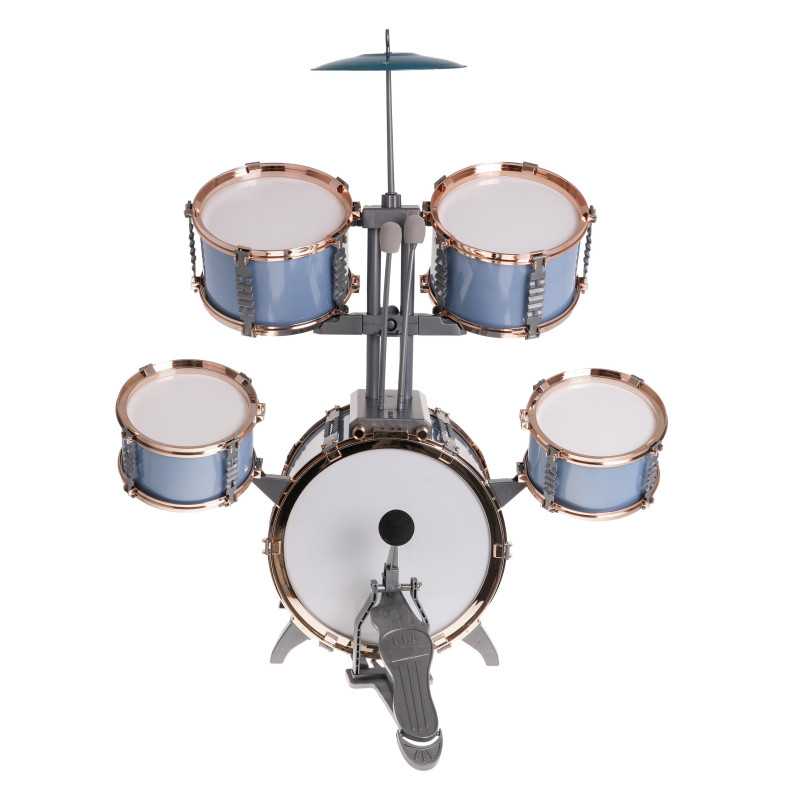 Duża Perkusja 5-bębnowa dla dzieci 3+ Błękitny + Metalowy talerz + 2 Pałki + Krzesełko