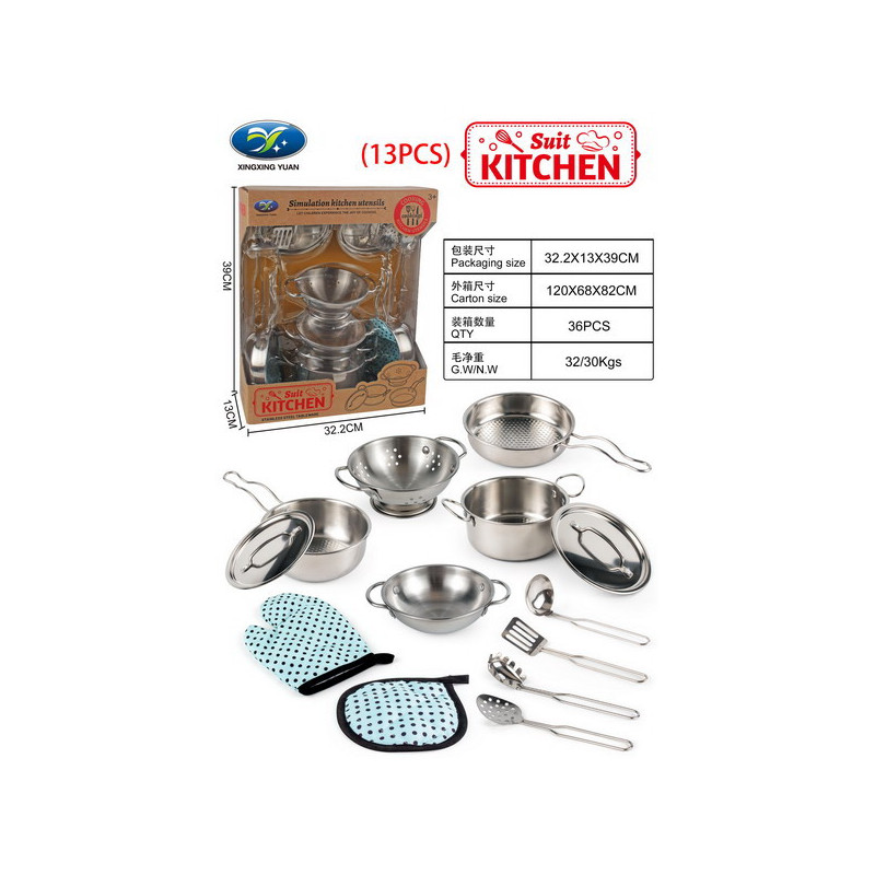 Zestaw Metalowych Garnków dla dzieci 3+ Przybory Kuchenne + Fartuch + Akcesoria 13 el.