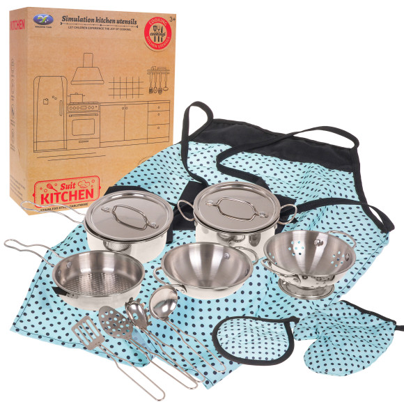Zestaw Metalowych Garnków dla dzieci 3+ Przybory Kuchenne + Fartuch + Akcesoria 13 el. Zestaw Metalowych Garnków dla dzieci 3+ Przybory Kuchenne + Fartuch + Akcesoria 13 el.
