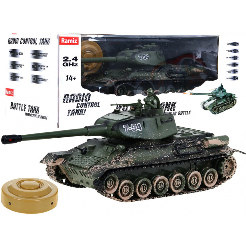 Zdalnie sterowany czołg T-34 dla dzieci 3+ Strzelający model Kamuflaż 1:28 + Wielka Bitwa Czołgów + Dźwięki Światła
