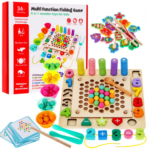 Drewniany zestaw gier edukacyjnych 6w1 dla dzieci 3+ Sorter łowienie rybek nauka liczb Drewniany zestaw gier edukacyjnych 6w1 dla dzieci 3+ Sorter łowienie rybek nauka liczb