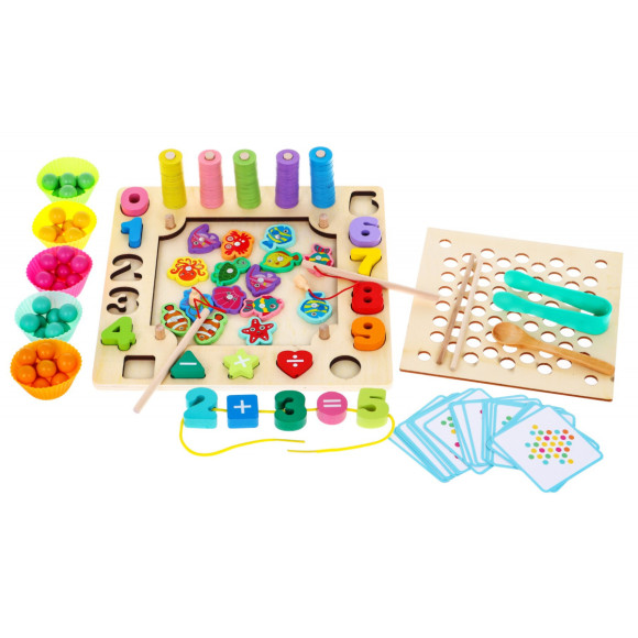 Drewniany zestaw gier edukacyjnych 6w1 dla dzieci 3+ Sorter łowienie rybek nauka liczb Drewniany zestaw gier edukacyjnych 6w1 dla dzieci 3+ Sorter łowienie rybek nauka liczb