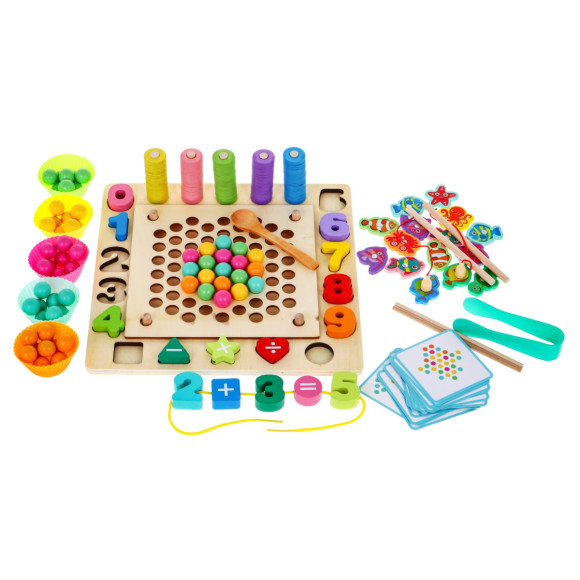 Drewniany zestaw gier edukacyjnych 6w1 dla dzieci 3+ Sorter łowienie rybek nauka liczb Drewniany zestaw gier edukacyjnych 6w1 dla dzieci 3+ Sorter łowienie rybek nauka liczb