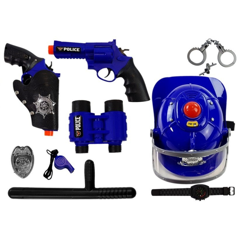 Zestaw Policyjny Hełm Broń na Baterie Światła Dźwięki Niebieski