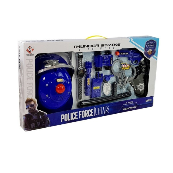 Zestaw Policyjny Hełm Broń na Baterie Światła Dźwięki Niebieski