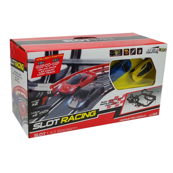 Tor Wyścigowy z Samochodzikami 2 Autka 1420 cm Turbo 1:43 Kontrolery Tor Wyścigowy z Samochodzikami 2 Autka 1420 cm Turbo 1:43 Kontrolery