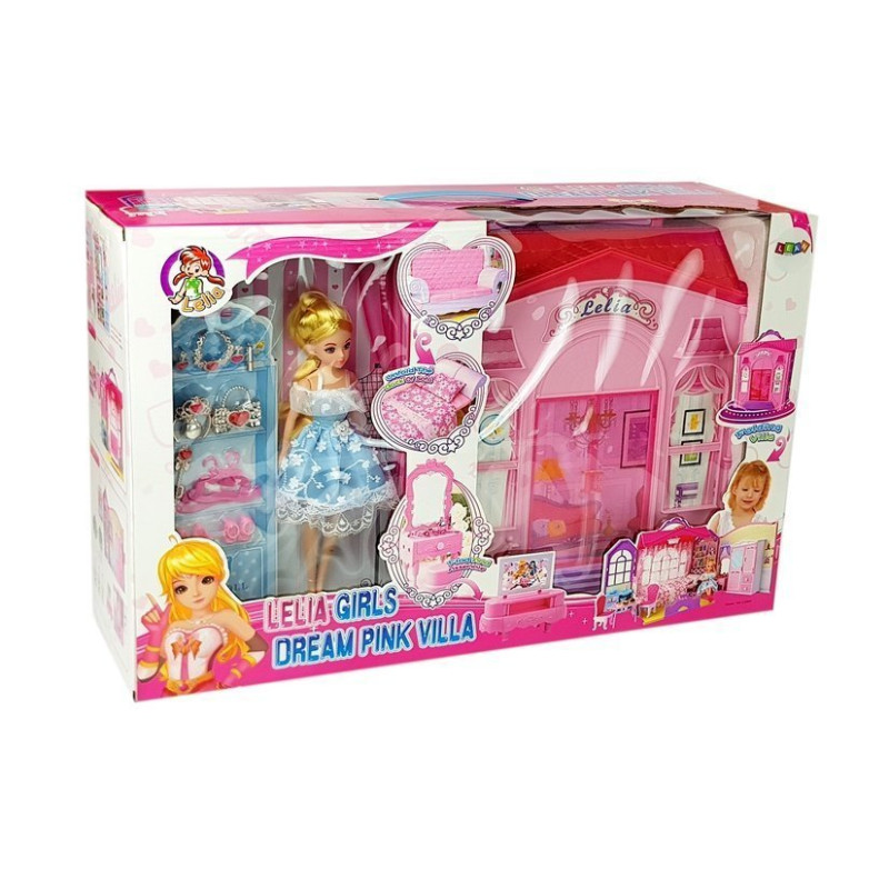 Rozkładany Domek dla Lalek Lalka Blondynka z Akcesoriami Kuchnia Toaleta Sypialnia w Walizce