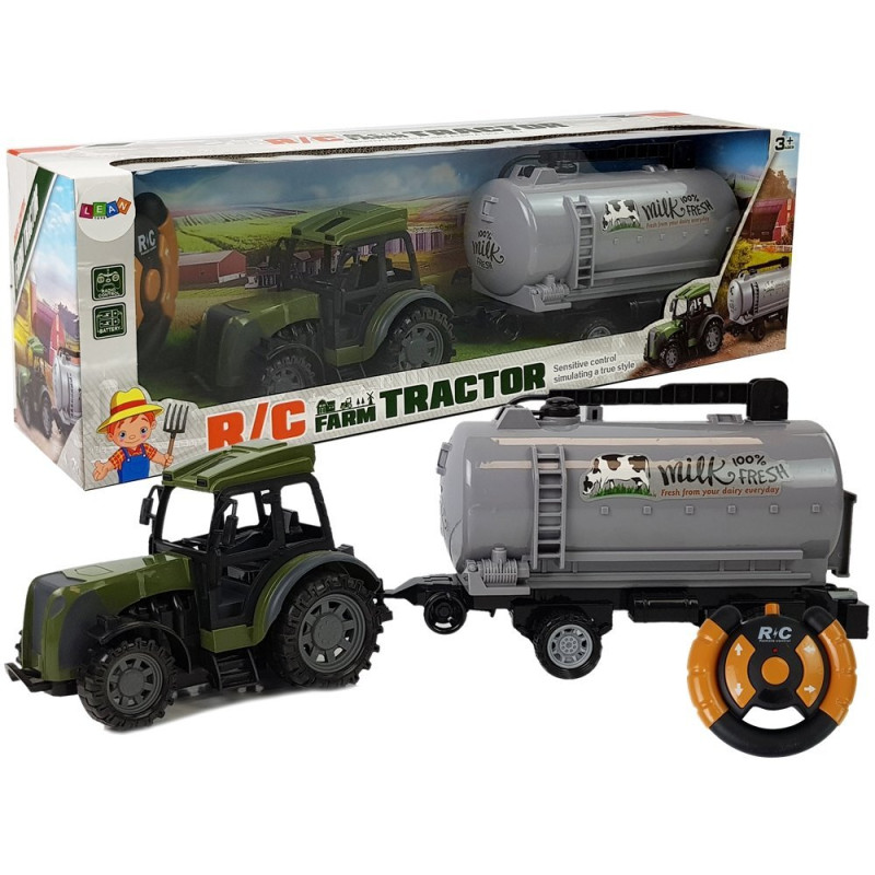 Zielony Traktor z Przyczepą Cysterna Na Mleko Zdalnie Sterowany 2.4G