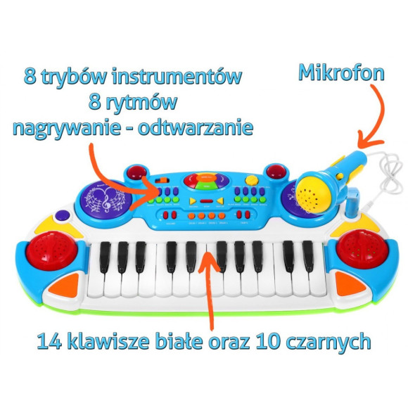 Niebieski zestaw muzyczny Keyboard + Werble + Mikrofon dla dzieci 3+ Światła + Dźwięki 2 oktawy Niebieski zestaw muzyczny Keyboard + Werble + Mikrofon dla dzieci 3+ Światła + Dźwięki 2 oktawy