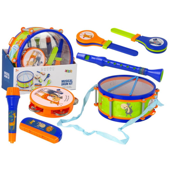 Instrumenty Muzyczne Zestaw Bęben Tamburyn Flet Kołatka Harmonijka Zwierzęta Instrumenty Muzyczne Zestaw Bęben Tamburyn Flet Kołatka Harmonijka Zwierzęta