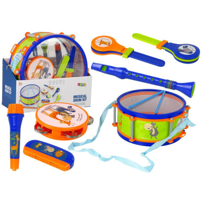 Instrumenty Muzyczne Zestaw Bęben Tamburyn Flet Kołatka Harmonijka Zwierzęta