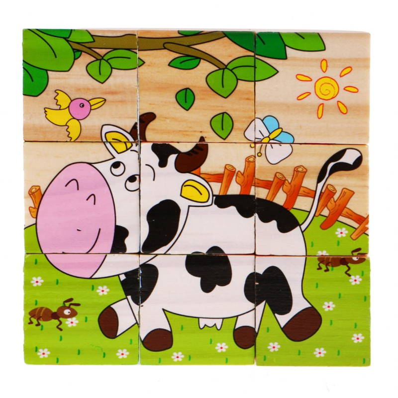 Drewniane klocki układanka dla dzieci 18m+ Puzzle ze zwierzątkami 6 obrazków