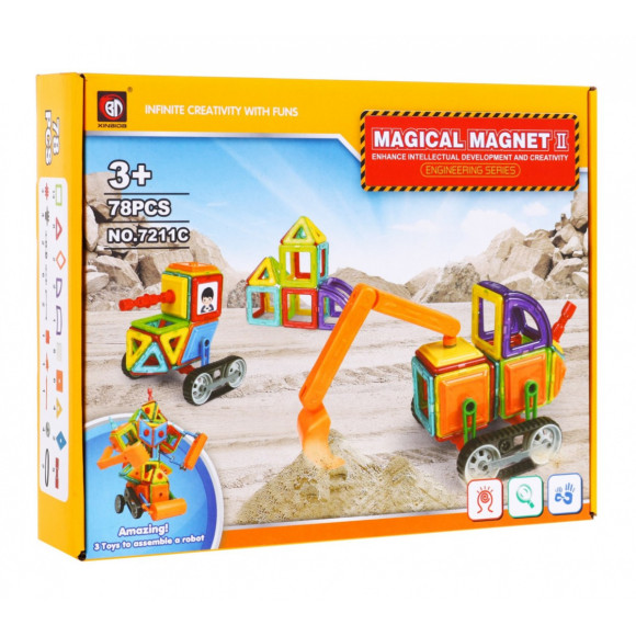 Konstrukcyjne Klocki Magnetyczne dla dzieci 3+ Zestaw 78 el. + Moduł kół + Ramię koparki + Klocki magnetyczne i plastikowe Konstrukcyjne Klocki Magnetyczne dla dzieci 3+ Zestaw 78 el. + Moduł kół + Ramię koparki + Klocki magnetyczne i plastikowe