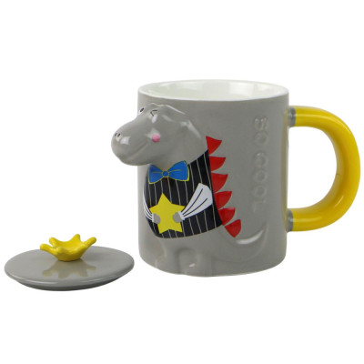 Kubek Ceramiczny z Pokrywką Szary Dinozaur 400 ml
