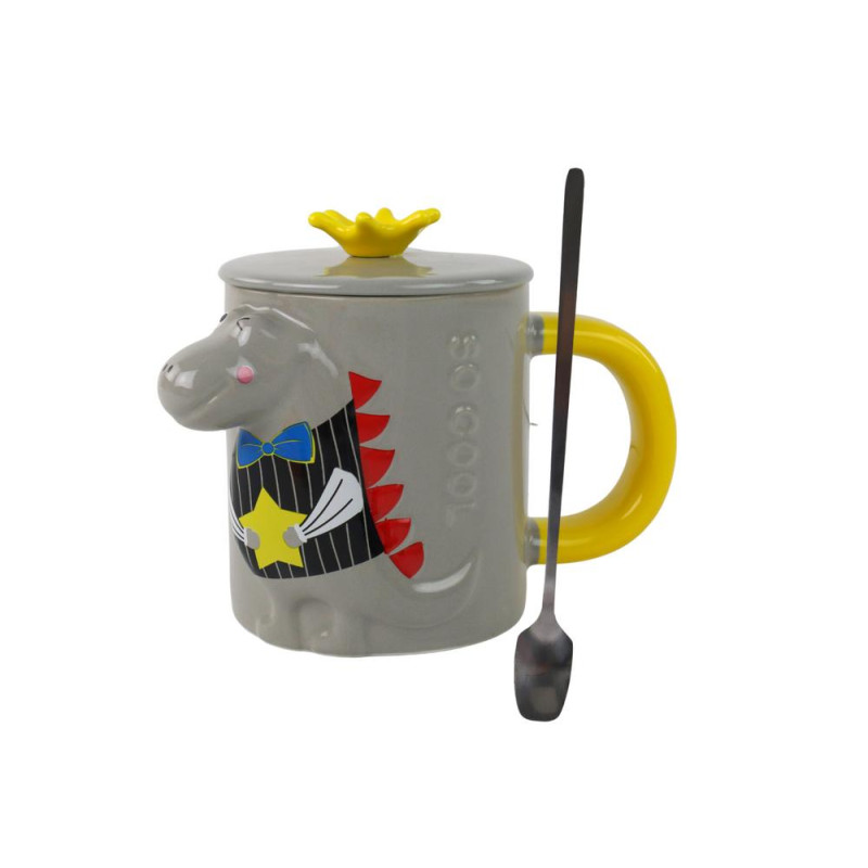 Kubek Ceramiczny z Pokrywką Szary Dinozaur 400 ml