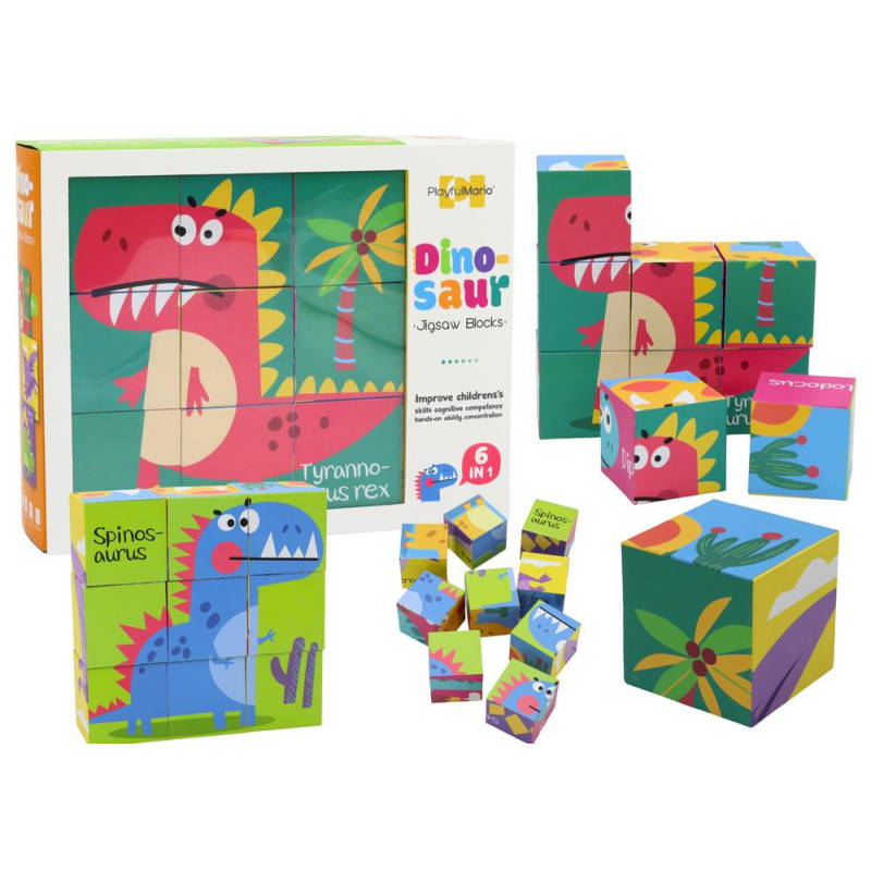 Edukacyjne Puzzle 6w1 Klocki Układanka Kostki 6 Obrazków Dinozaury 9 El.