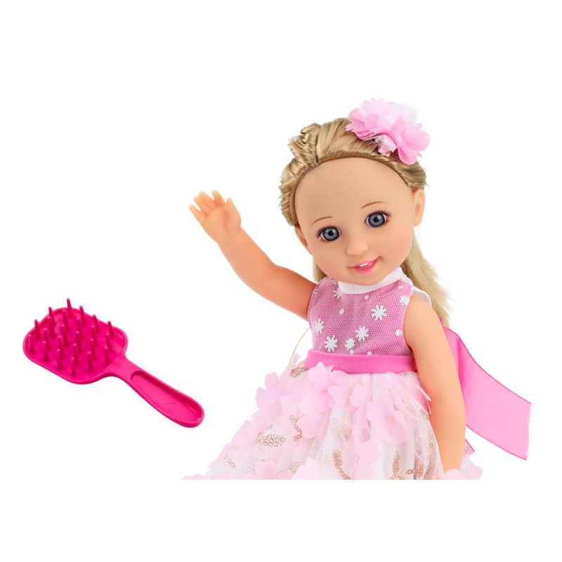 Lalka Różowa Sukienka Długie Włosy Spinka Szczotka 38cm