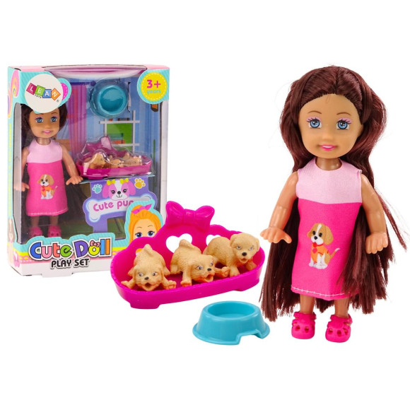 Mini Laleczka Długie Włosy Sukienka Trzy Pieski Legowisko