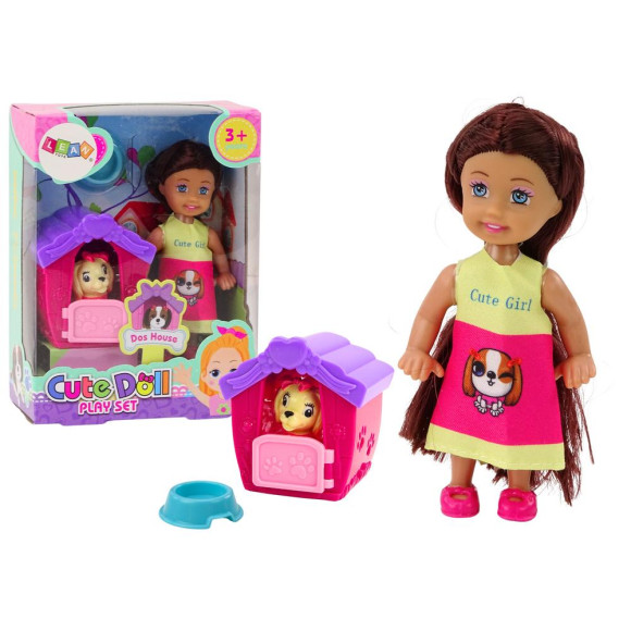 Mini Laleczka Długie Włosy Sukienka Kolorowa Piesek Buda