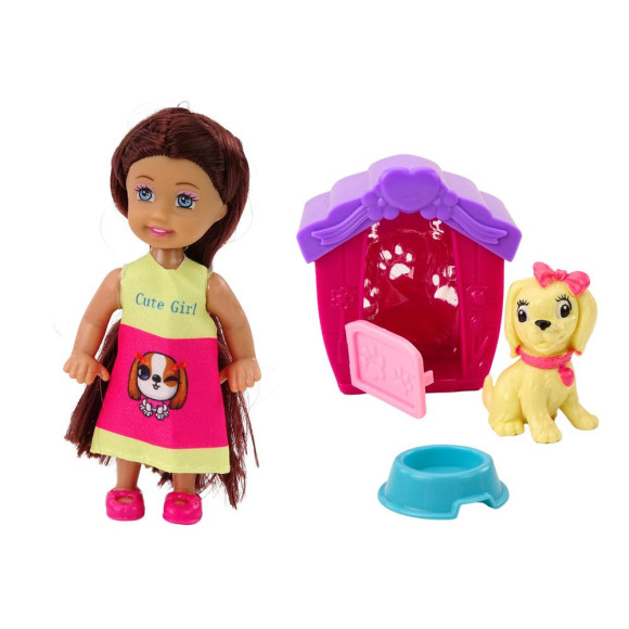 Mini Laleczka Długie Włosy Sukienka Kolorowa Piesek Buda