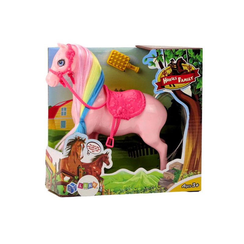 Figurka Koń Z Kolorową Grzywą Różowe Siodło Szczotka Farma Różowy